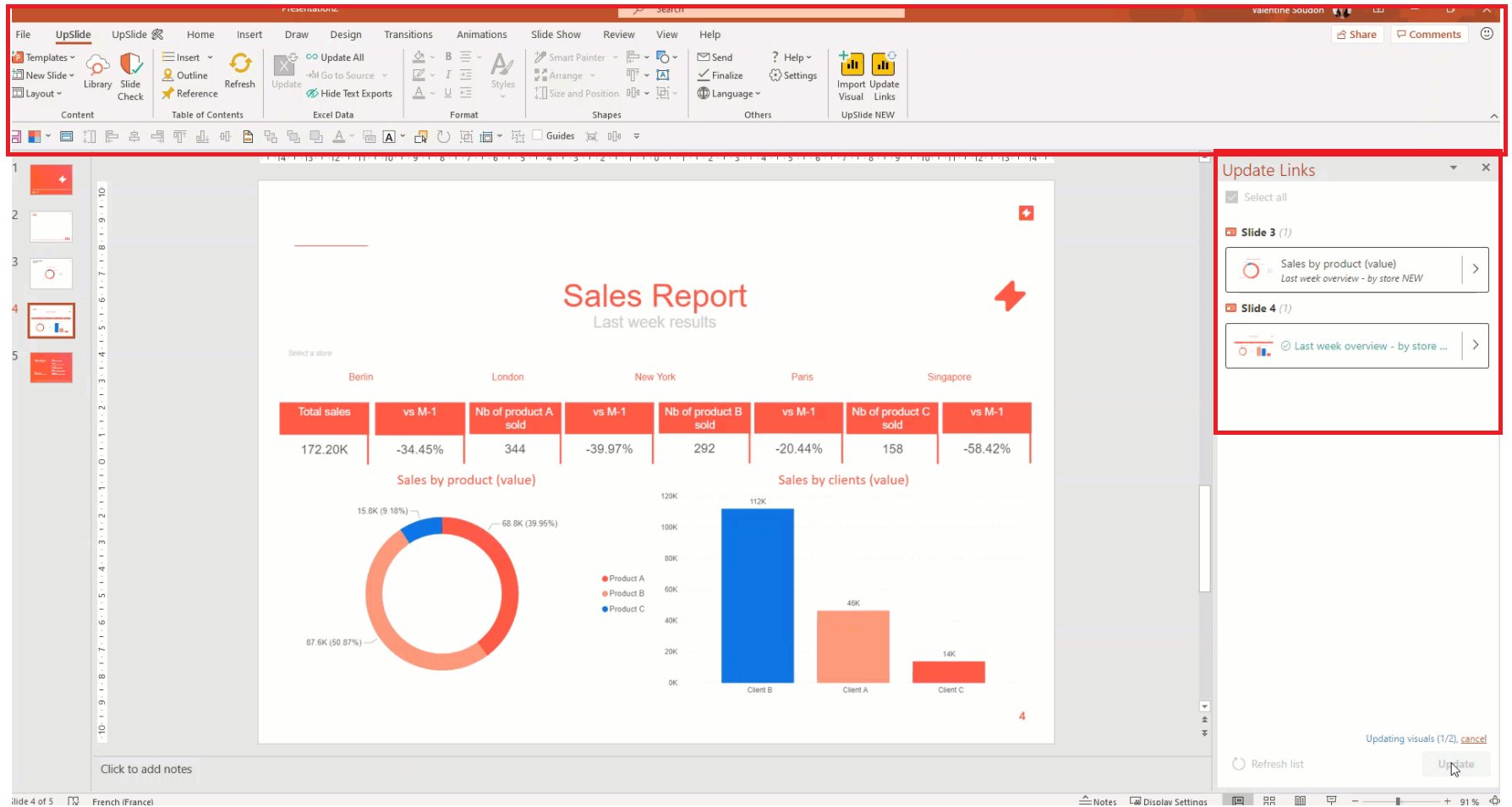 Screenshot of PowerPoint addin for Upslide document automation software