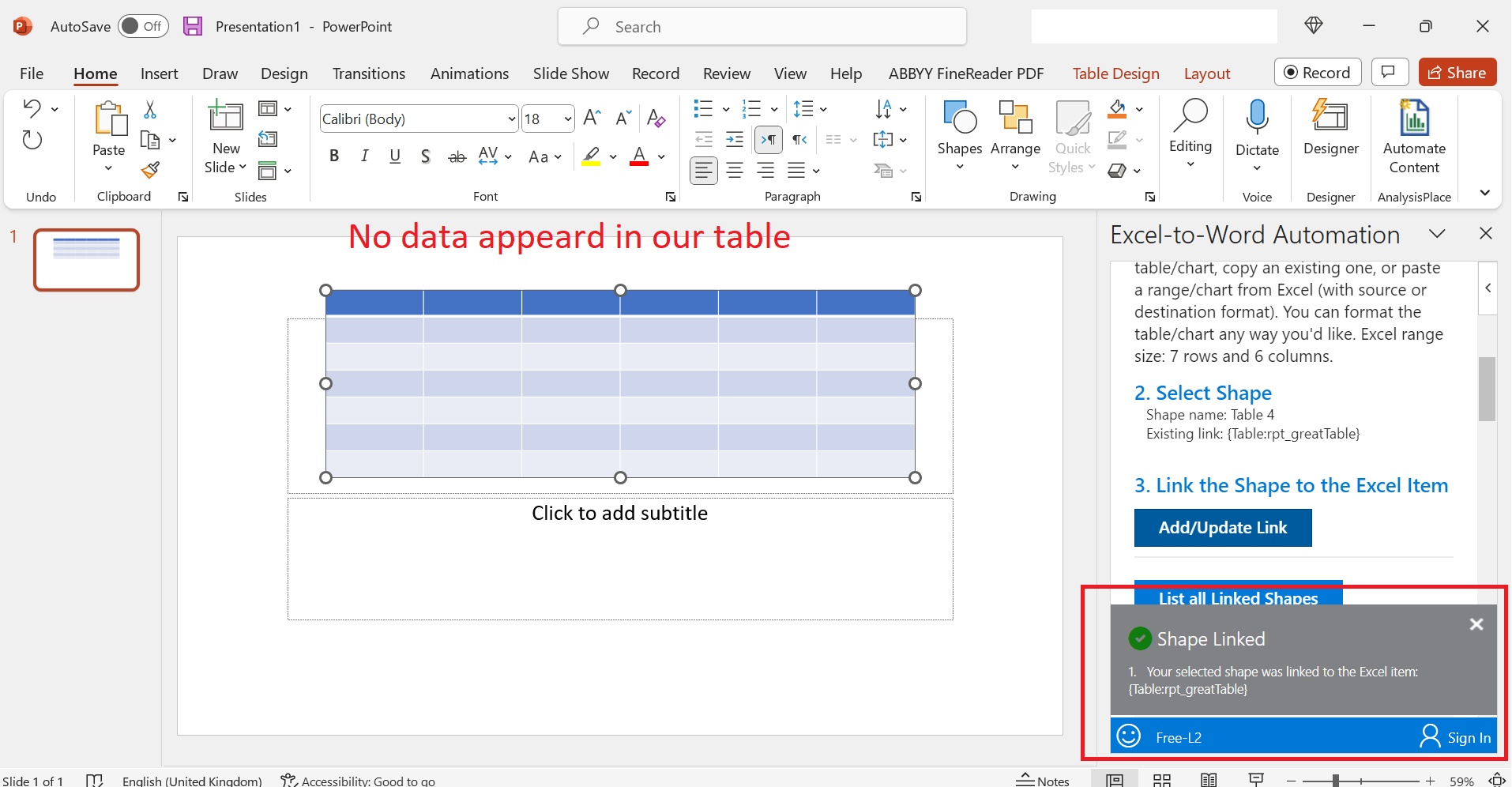Analysis Place's addin in PowerPoint said the data was updated, but it was not