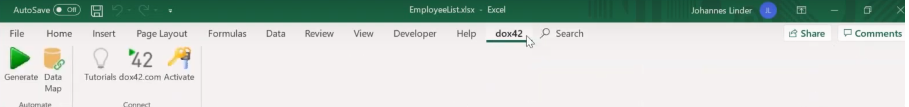 Screenshot of Dox42 document automation Excel addin