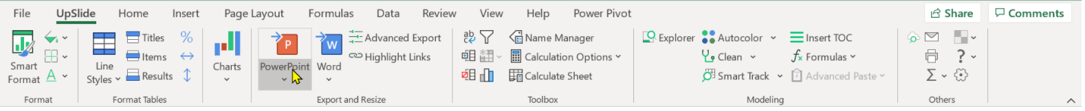 Screenshot of Excel addin for Upslide document automation software
