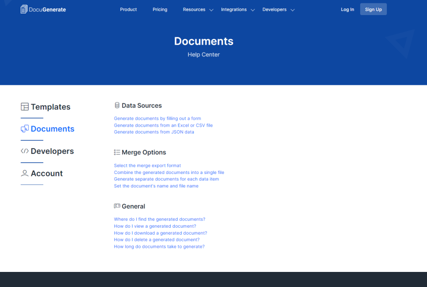 Screenshot of DocuGenerate help center or knowledge base