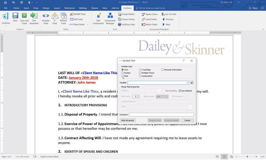 Screenshot of HotDocs document automation Word output