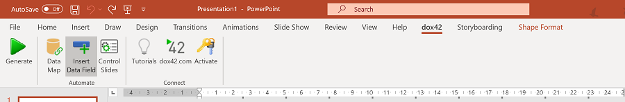 screenshot of Dox42 document automation PowerPoint addin