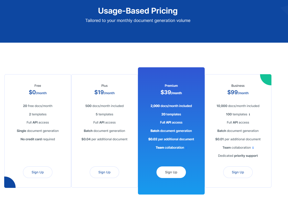 Screenshot of DocuGenerate price options