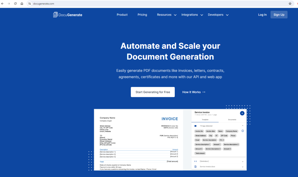 Screenshot of DocuGenerate's document automation website