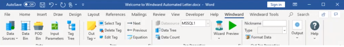 Screenshot of Word addin for Windward Studios document automation software