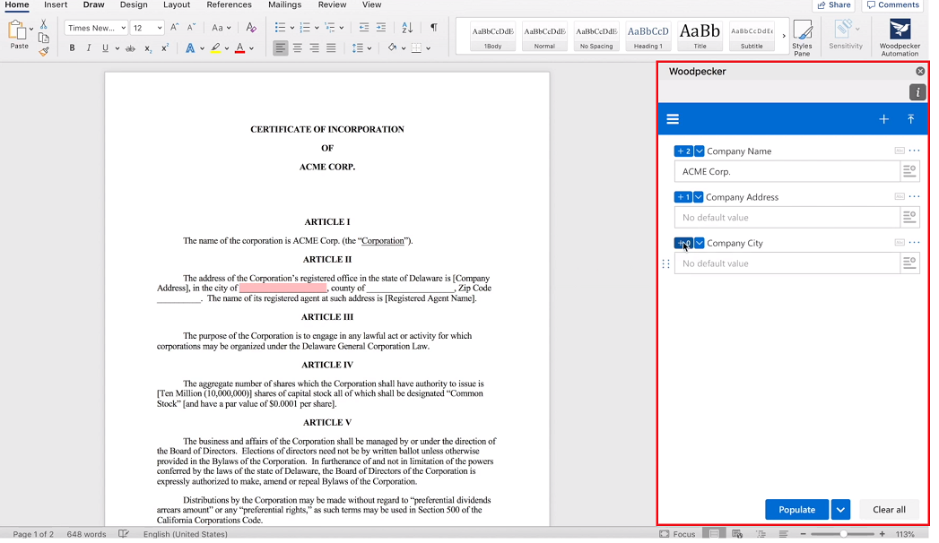 Screenshot of Woodpecker document automation word addin